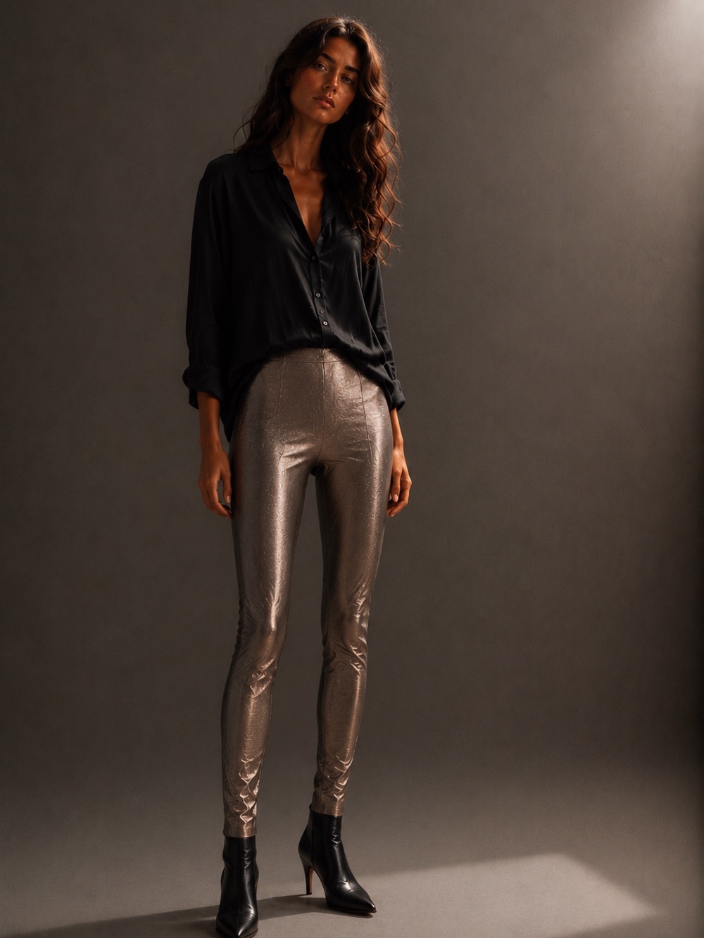 INTERMIX Metallic Lambskin Skinny Leather Pants Pewter